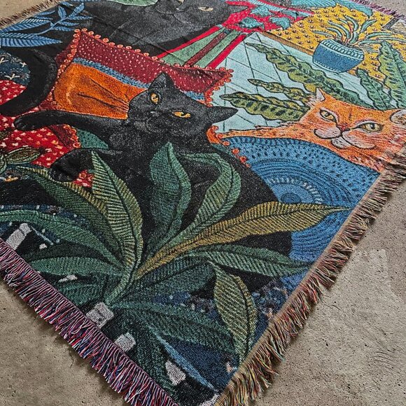Botanical Cat Woven Tapestry Blanket – Vintage Jungle Home Decor (50x60”) - Picture 6 of 6